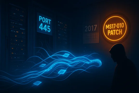 Hooded figure in a server room as blue data streams flow toward an MS17-010 PATCH sign.