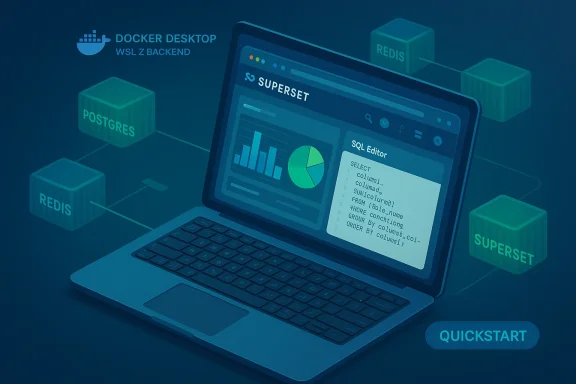 Laptop running Apache Superset with SQL Editor and charts, linked to Postgres and Redis.