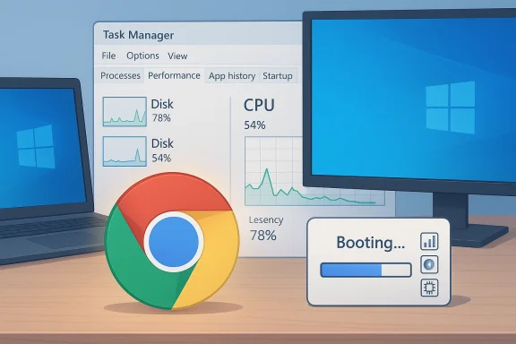 A Windows desktop scene with Task Manager, a Chrome logo, and a booting status panel.