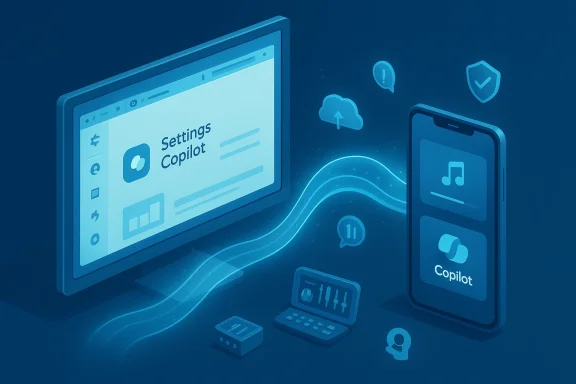 Blue illustration of desktop and mobile devices linked by glowing digital waves around Copilot.
