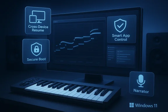 Windows 11 desktop showing security features: Secure Boot, Cross-Device Resume, Smart App Control, and Narrator.
