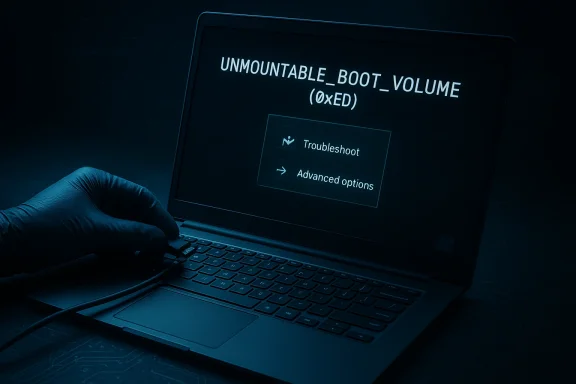 Windows laptop in recovery mode shows UNMOUNTABLE_BOOT_VOLUME with Troubleshoot and Advanced options.