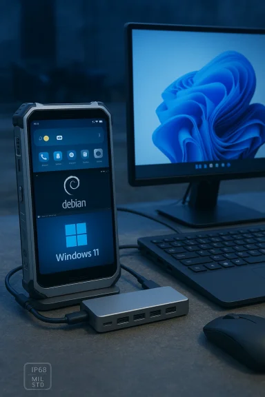 Rugged smartphone running Debian and Windows 11, docked to a USB hub beside a monitor.