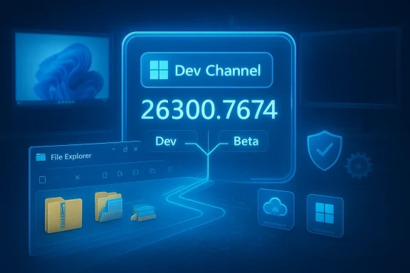 Blue neon Dev Channel display showing 26300.7674 with Dev/Beta labels and file explorer icons.