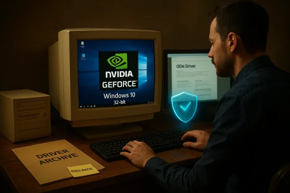 A man sits at an old computer showing Nvidia GeForce Windows 10 32-bit, with a Driver Archive on the desk.