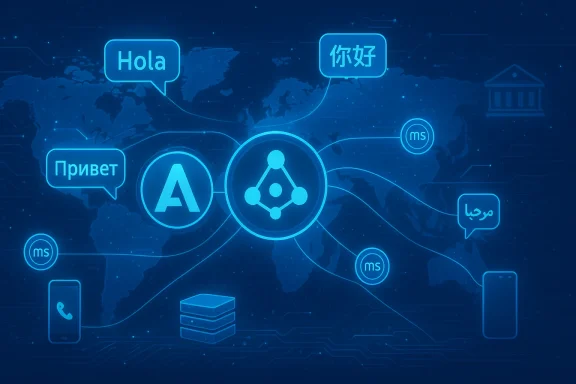 Blue digital world map with Angular logo linked to multilingual greetings.