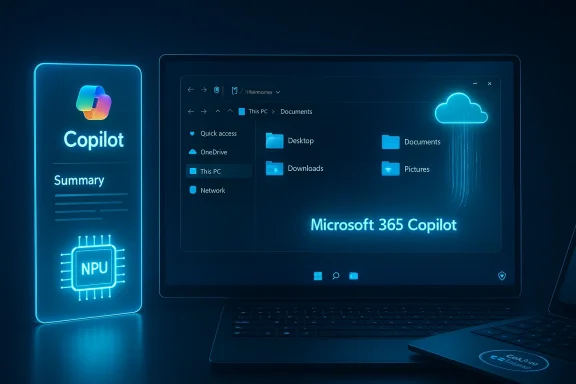 A neon blue setup with a laptop displaying Microsoft 365 Copilot and a glowing Copilot panel beside it.