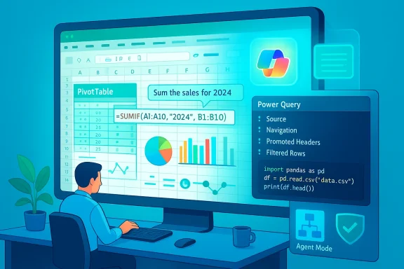 A person analyzes data on a large screen displaying charts, PivotTable, and Power Query.