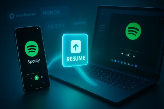 Glowing Resume tile transfers Spotify playback between a phone and a laptop.