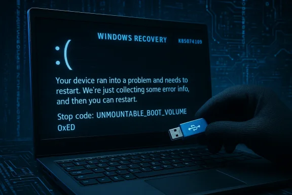 Gloved hand plugs in a USB as Windows Recovery shows UNMOUNTABLE_BOOT_VOLUME error.