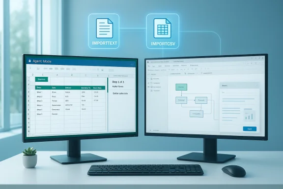 Dual-monitor setup showing a spreadsheet on the left and a workflow diagram on the right.