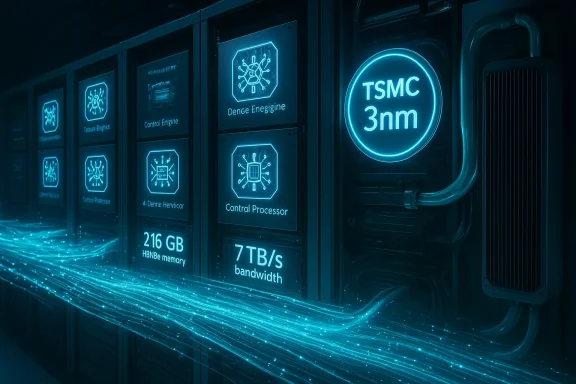 Futuristic data center with neon blue server panels and a TSMC 3nm sign.