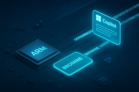 Neon blue circuit board with an ARM chip, bromine and germanium traces, and a Copilot card.