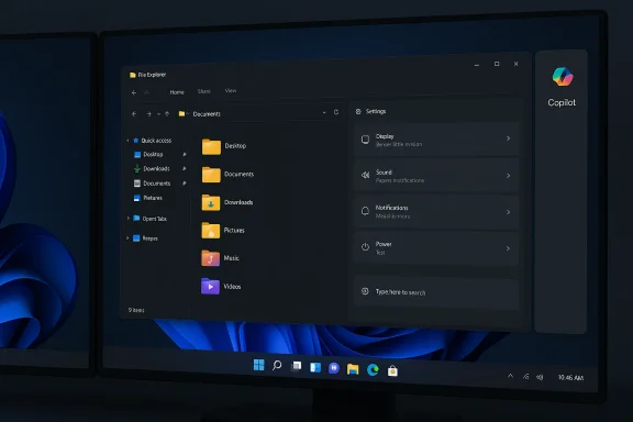 Dark Windows 11 desktop showing File Explorer with folders and a right-side Settings panel.