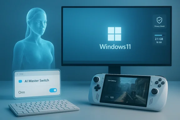 Futuristic desk with Windows 11 on a monitor, a holographic figure, AI Master Switch, and a handheld game console.