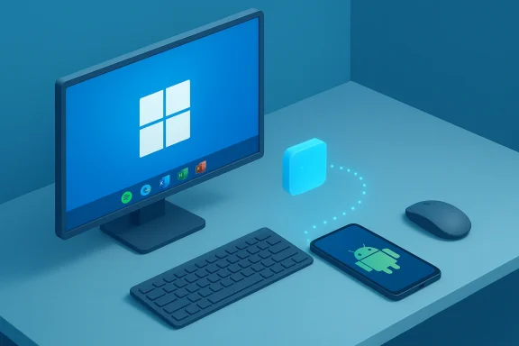 Windows PC and Android phone connect wirelessly for data transfer.