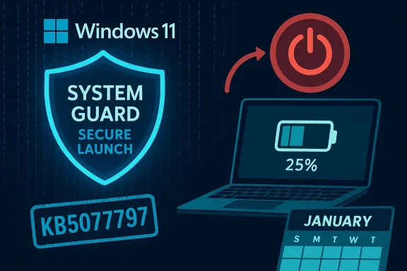 Windows 11 security features highlighted by System Guard Secure Launch, with a laptop at 25% battery and a January calendar.