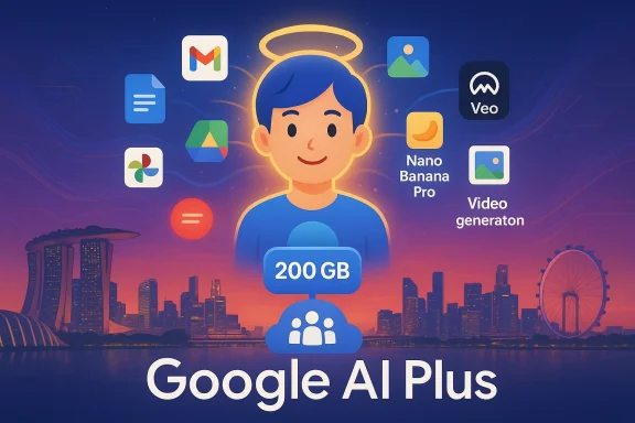 Google AI Plus illustration showing a haloed figure, 200 GB cloud, and app icons above a city skyline.