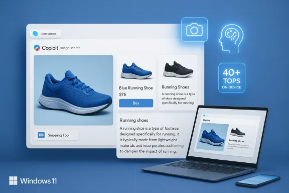 Windows 11 Copilot UI showcases a blue running shoe product page with a laptop and phone.