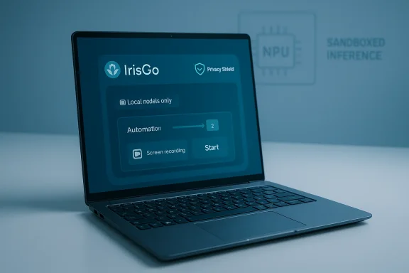 Laptop showing IrisGo app UI with Local nodes only, automation, and screen recording.