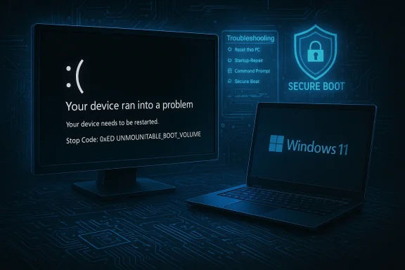 Windows 11 laptop beside a monitor showing a blue crash screen about an unmountable boot volume.