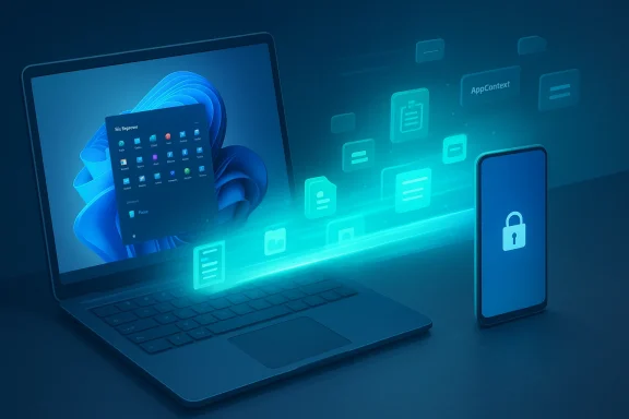 Laptop and smartphone securely share data as glowing icons flow between devices.