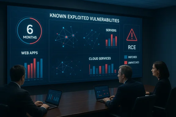 Three professionals analyze a large dashboard of known exploited vulnerabilities.