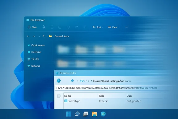 Blurred Windows 11 desktop with File Explorer and a Registry Editor window.