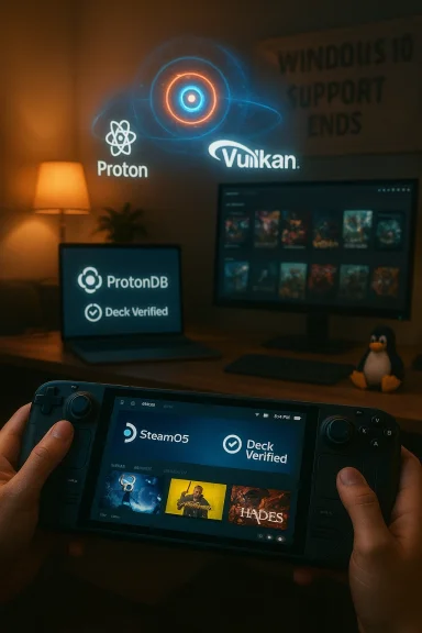 A handheld Steam Deck displays Deck Verified as Proton and Vulkan logos glow on the wall.