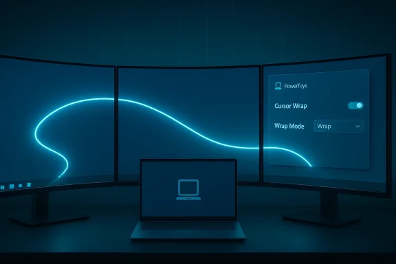 A dark blue workspace with three curved monitors, a laptop, and a glowing neon line across the screens.