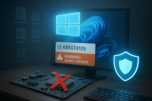 Windows shows a KB5074109 warning for legacy drivers, with a glowing shield icon.