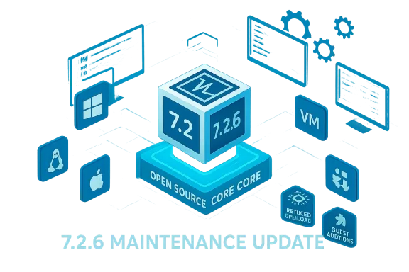 Blue abstract graphic illustrating the 7.2.6 Open Source Core maintenance update with a glowing cube.