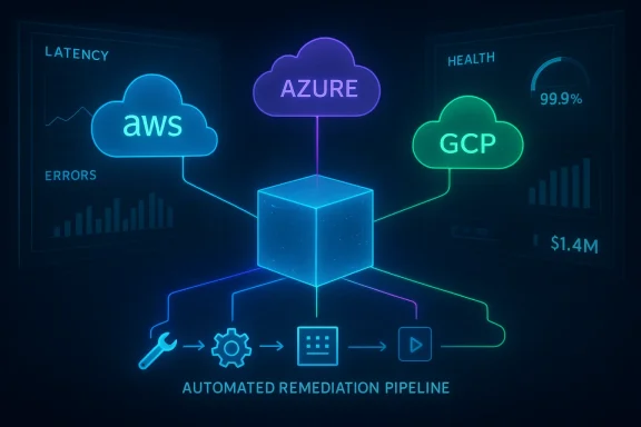 Neon cloud diagram linking AWS, Azure, and GCP to a central cube forming an automated remediation pipeline.