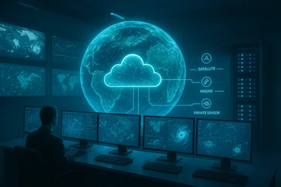 A high-tech control room with a glowing cloud icon over a globe, linking satellites, radar, and sensors.