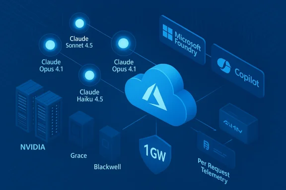 Blue tech infographic of AI models (Claude variants) linked to cloud services via Microsoft Foundry and Copilot.