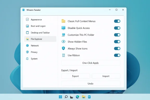 Screenshot of Winaero Tweaker’s File Explorer tweaks panel with toggle switches.