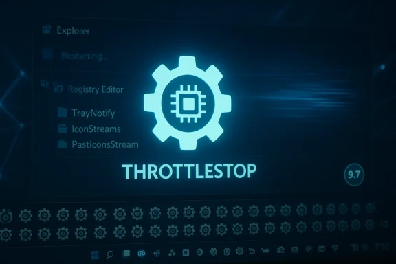 Glowing gear icon with the words THROTTLESTOP on a dark, tech-themed interface.