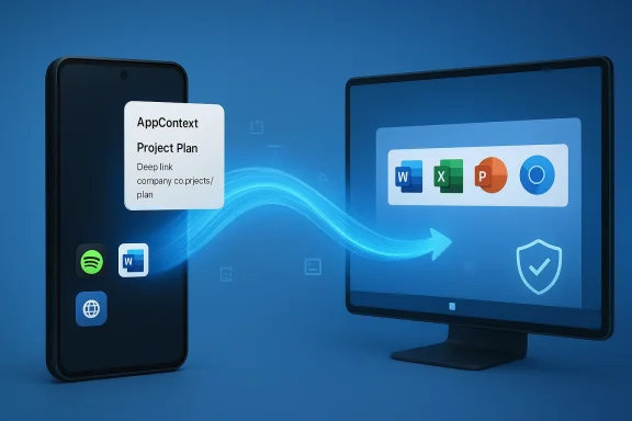 A smartphone sends a project plan link to a computer screen showing Office apps.