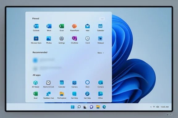Windows 11 Start Menu with pinned apps on a blue desktop background.