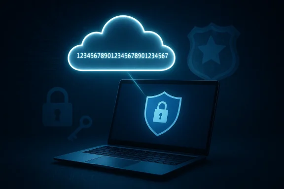 Glowing cloud with numbers hovers above a laptop showing a shield and lock.