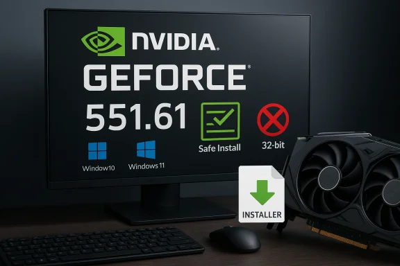 NVIDIA GeForce driver installer screen (551.61) with Windows logos, Safe Install, and 32-bit warning.