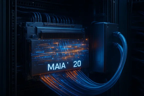 Blue-lit data center server module labeled MAIA 20 with glowing cables.