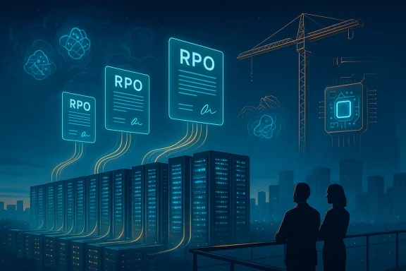 Two people overlook a neon-lit data center with glowing RPO documents connected to server racks.
