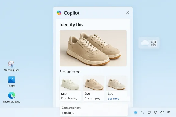 Copilot UI identifies beige sneakers and shows similar items with prices.