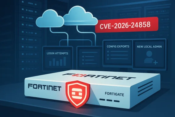 Fortinet FortiGate firewall shown in a data center, highlighting CVE-2026-24858 and cloud connections.