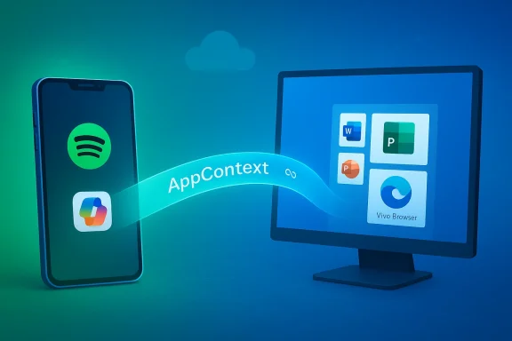 AppContext connects mobile apps to desktop apps across a glowing bridge.