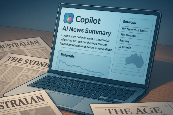 Laptop shows Copilot AI News Summary on a desk beside Australian newspapers.