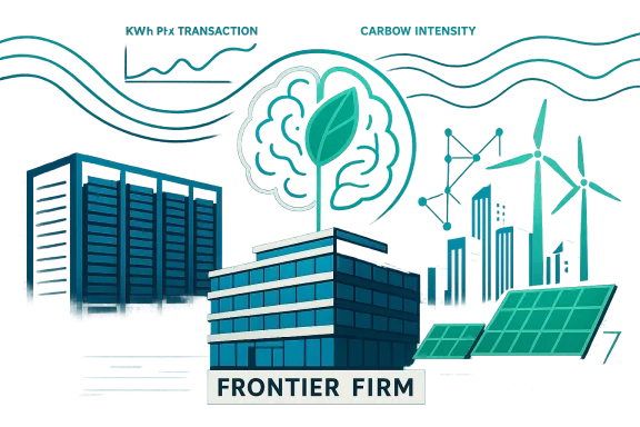 A futuristic cityscape promoting green energy, with Frontier Firm building, solar panels, and wind turbines.