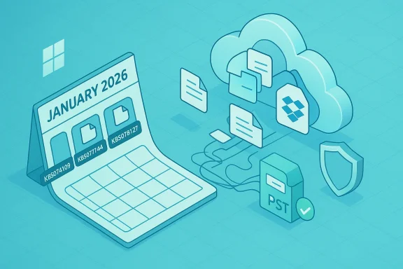 Isometric illustration of cloud storage with files, folders, and a PST backup.