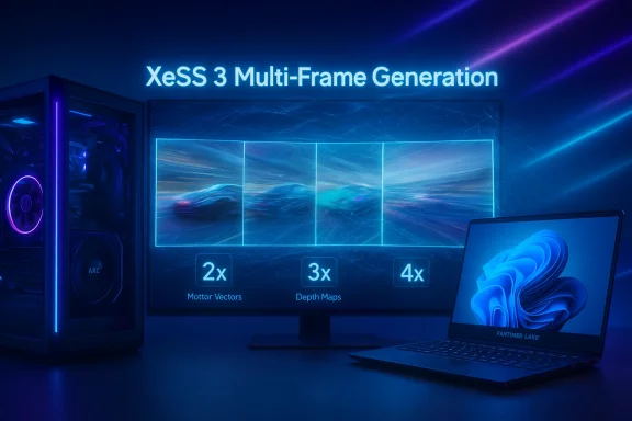 Neon-lit PC setup showcasing XeSS 3 Multi-Frame Generation on a large monitor.